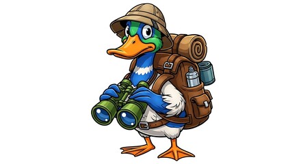 Cartoon duck explorer with backpack and binoculars, ready for an adventure. Travel-themed animal character on white background.