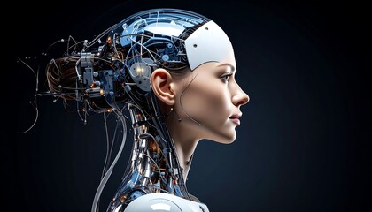 AI Woman Profile Futuristic Cyborg Portrait with Science, Technology, Digital Art, and Dark Background.