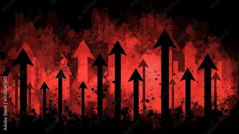 Aufkleber Series of arrows pointing upwards in a red background. Concept of upward movement and progress, possibly representing growth or success. The red color adds a sense of intensity