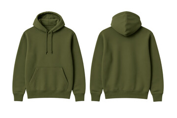 Olive Green Hoodie Front and Back View Isolated on White