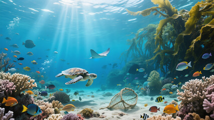 Obraz premium Underwater scene with vibrant coral reefs, colorful fish, sea turtles, sunlight rays, kelp forest, and an empty biodegradable fishing net. No people, no text.