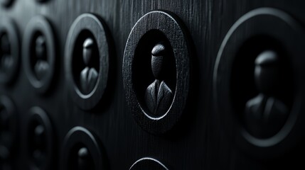 Series of black and white photos of people in suits. The photos are all of the same size and are arranged in a row. Scene is serious and professional