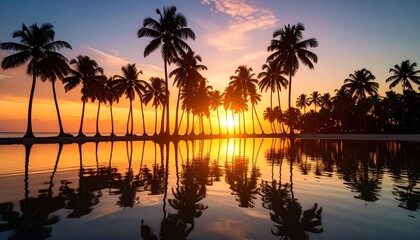 Naklejka premium Sunset Palm Tree Reflection on Calm Water.
