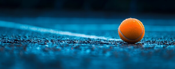 Orange tennis ball on a dark blue court.