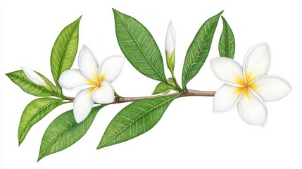 Blooming Frangipani: A detailed botanical illustration of elegant frangipani flowers, showcasing the delicate balance of nature's design with intricate detail and vibrant colors.