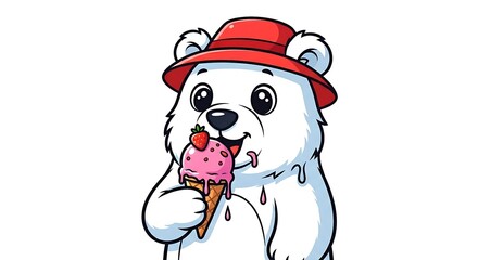 Cute cartoon polar bear eating ice cream. Summer and cold character mix on white background.