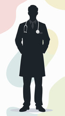 Silhouette of a male doctor wearing a lab coat and stethoscope. Vector clip art black icon. Perfect for medical and healthcare themes.