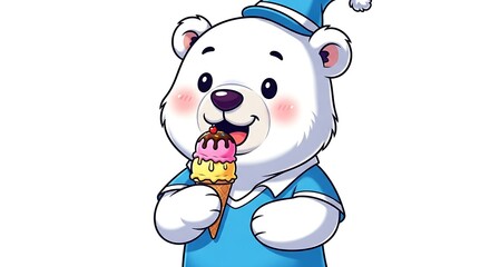 Cute cartoon polar bear eating ice cream. Summer and cold character mix on white background.