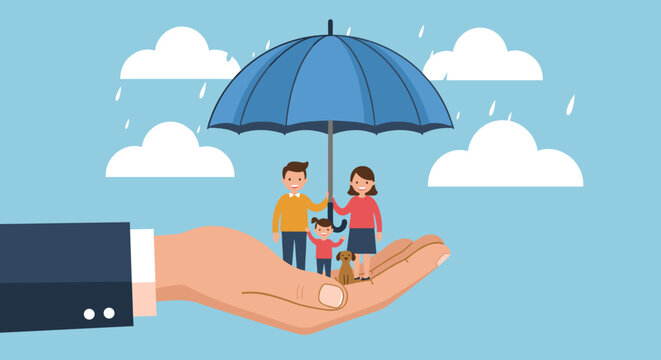 Life insurance, family protection to assure members will be financially supported and risk cover concept, lovely family with husband, wife and kids in supporting hand with umbrella cover protection.