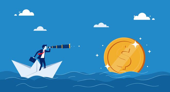 Financial planning target, vision and strategy for financial freedom or retirement saving goal concept, businessman salary man investor riding the boat using telescope to see far golden money coin. 