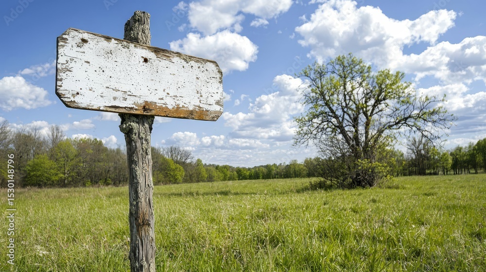Poster sign is on a post in a field. the sign is white and has a black border. the field is green and has a