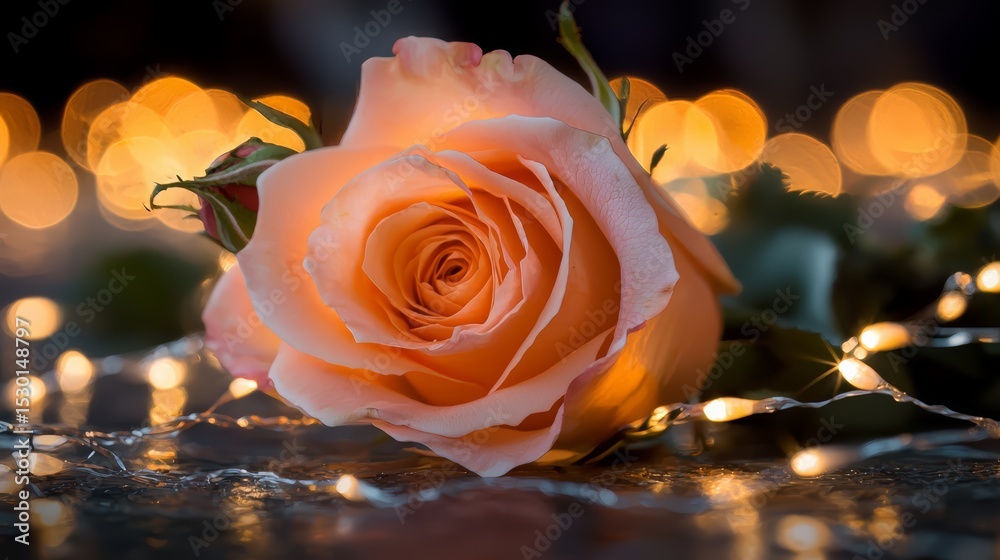 Poster Single orange rose is the main focus of the image. The rose is surrounded by a string of lights, creating a warm and inviting atmosphere. The combination of the rose