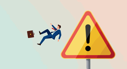 Fototapeta premium Mistake caution, business risk or problem warning, failure prevention or avoid danger concept, cautious businessman slip falling on exclamation symbol beware, careful caution sign.
