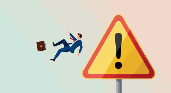 Mistake caution, business risk or problem warning, failure prevention or avoid danger concept, cautious businessman slip falling on exclamation symbol beware, careful caution sign.