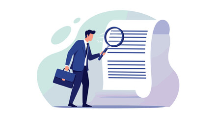 Document checking, agreement or contract validation, financial or budget analysis, search for document files concept, businessman manager holding big magnifying glass checking document paper. 