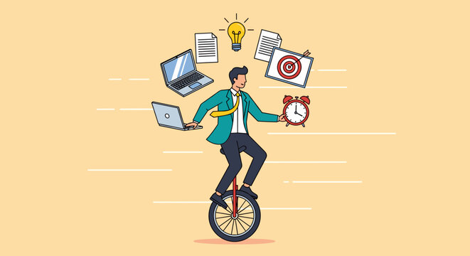 Productive master, productivity and project management skill, multitasking work and time management concept, skillful businessman riding unicycle juggling elements, laptop, calendar, ideas and emails.
