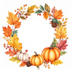 Autumn Watercolor Wreath with Pumpkins and Leaves