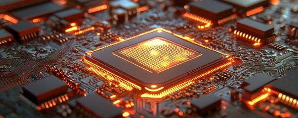 Fototapeta premium High-tech computer circuit with glowing central processing unit.