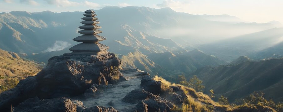Stacked stones on a mountain peak. - Powered by Adobe