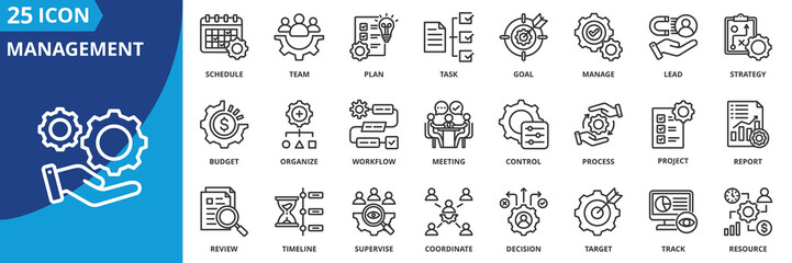 Fototapeta na wymiar management icon set collection in outline style. an icon pack contain manage, plan, lead, strategy, goal, task, team, schedule, organize, project