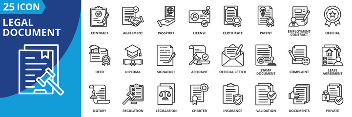 legal document icon set collection in outline style. an icon pack contain contract, passport, agreement, certificate, license, patent, employment contract, official, deed, diploma