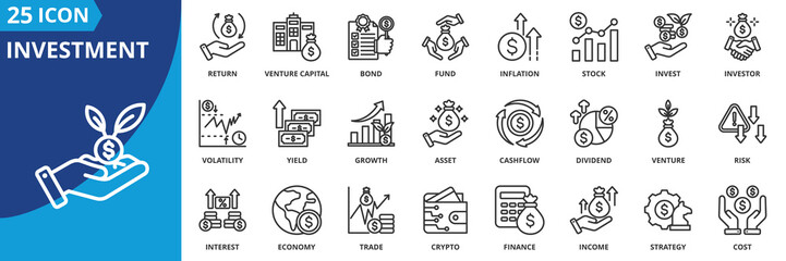 investment icon set collection in outline style. an icon pack contain invest, venture capital, inflation, stock, bond, fund, stock, return, yield, asset