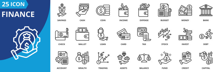 finance icon set collection in outline style. an icon pack contain money, cash, bank, coin, budget, income, expense, savings, invest, stock