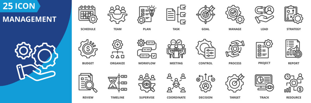 management icon set collection in outline style. an icon pack contain manage, plan, lead, strategy, goal, task, team, schedule, organize, project