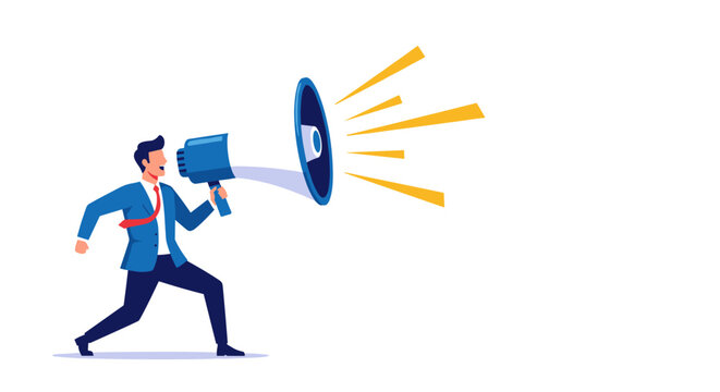 Business shout out, speaking out loud to communicate with co-worker or draw attention and announce promotion concept, confidence young businessman using megaphone speak out loud to be heard in public.