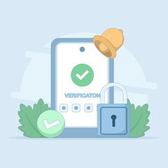 User verification concept, security system. verification check mark. receiving OTP code. one time password for protection. cyber security, secure authentication. flat design illustration.