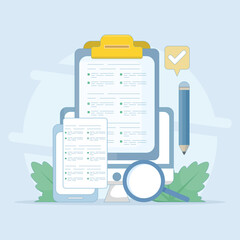 Testing concept. Reading test. Online exam, questionnaire form, Explore quiz checklist answers and success results. Online education, survey metaphor. Flat vector illustration on background.