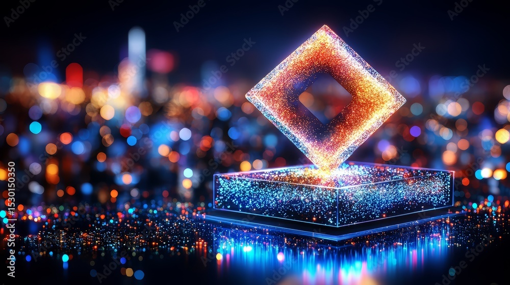 Poster Square with a red and orange border is on a table. The square is surrounded by a lot of sparkles and lights