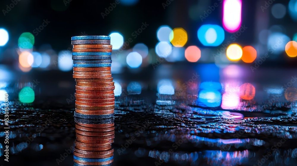 Aufkleber Stack of coins on a wet surface. The coins are of different sizes and colors, and they are piled on top of each other. The image has a dreamy, surreal quality to it