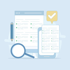 Testing concept. Reading test. Online exam, questionnaire form, Explore quiz checklist answers and success results. Online education, survey metaphor. Flat vector illustration on background.