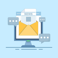 Email newsletter concept, Email marketing, SEO on email marketing, digital news, subscription renewal. Online business strategy, newsletter marketing. Flat vector illustration on background.