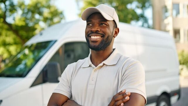 Happy African American delivery driver standing in front of white van with arms crossed, sunny day, logistics
