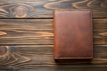 Brown leather notebook on wooden surface showcasing rich texture in still life