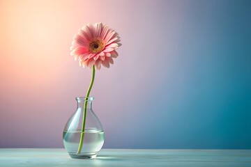 Single pink gerbera daisy in glass vase on soft pastel background evoking calm