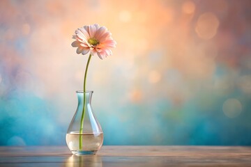 Gerbera daisy in glass vase with pastel bokeh background in soft floral dream