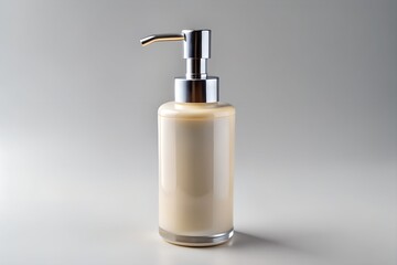 Cream soap dispenser on white background for clean minimalist bathroom design