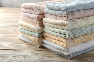 Pastel soft towels stacked on wooden surface evoking cozy and fresh ambiance