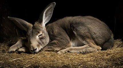 Fototapeta premium A young kangaroo rests peacefully in hay.