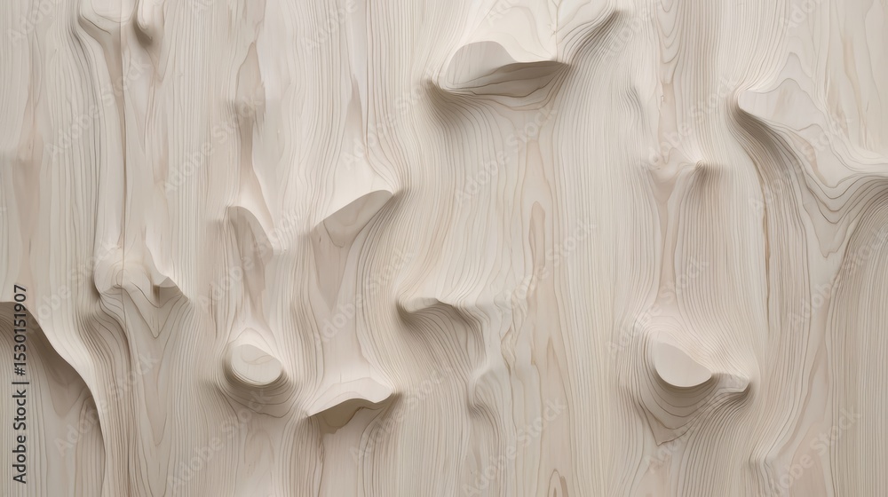 Poster The image is a close up of a wooden surface with a grainy texture. The wood appears to be carved or shaped in a way that creates a sense of depth and movement. Scene is one of natural beauty