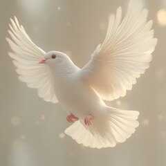 Fototapeta premium A serene white dove in flight, wings outstretched, bathed in ethereal light