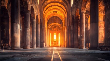 Obraz premium Majestic interior of a cathedral, bathed in golden sunlight.