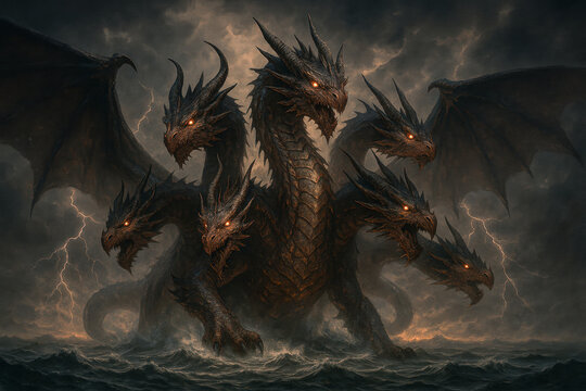 Seven-Headed Dragon Emerging from the Sea &ndash; Apocalyptic Biblical Beast with Storm and Lightning