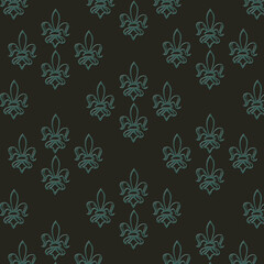 Elegant teal fleur-de-lis seamless pattern on dark background. Classic decorative design ideal for textiles, wallpapers, luxury branding, and sophisticated graphic projects.