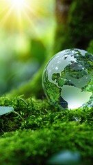 Glass globe earth resting on lush green moss