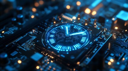 Fototapeta premium Clock Integrated on Circuit Board Time and Technology Concept