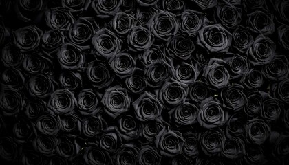 Wall of black roses with dark floral background.